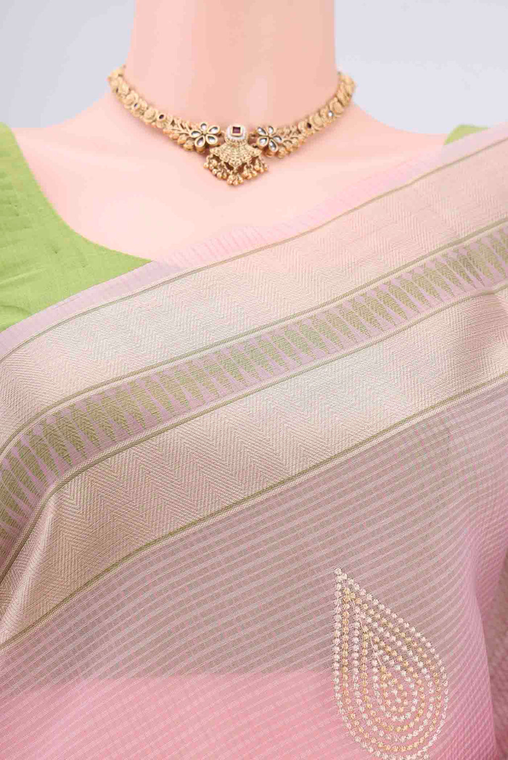 Border image of Rose pink Blended Kota Cotton Saree with Embroidery on the body and Zari Border. 