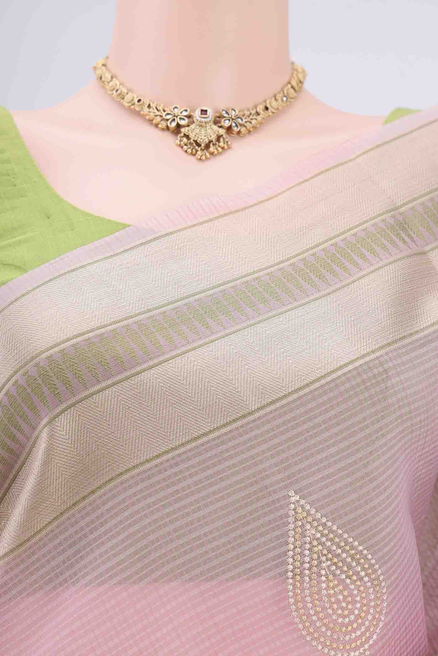 Border image of Rose pink Blended Kota Cotton Saree with Embroidery on the body and Zari Border. 