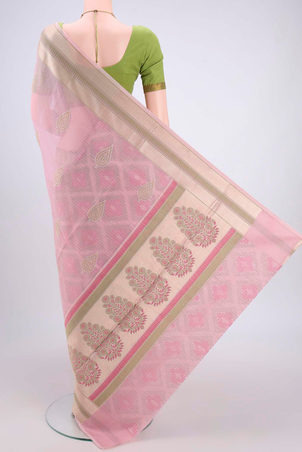 Flat view of Rose pink Blended Kota Cotton Saree with Embroidery on the body and Zari Border. 
