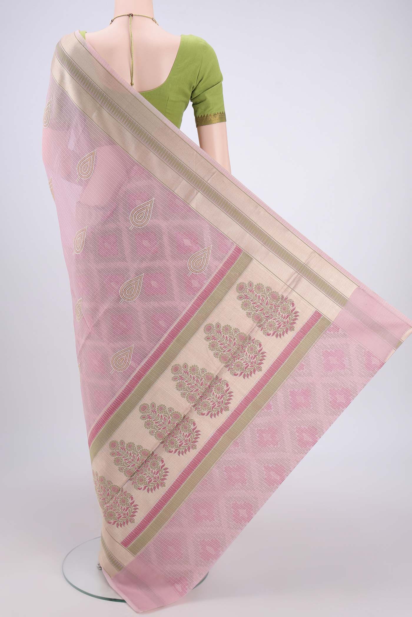 Flat view of Rose pink Blended Kota Cotton Saree with Embroidery on the body and Zari Border. 