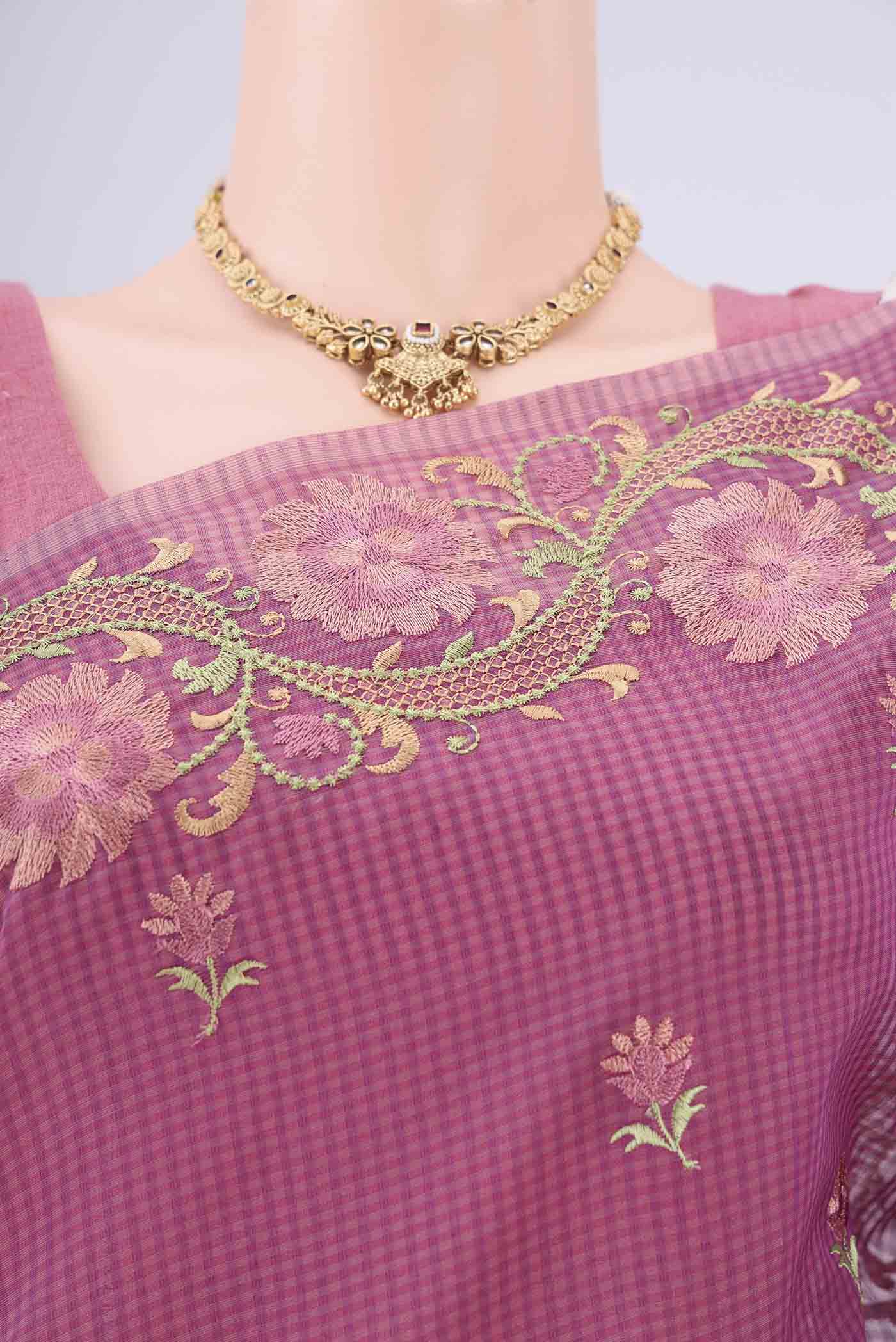 Border image of Magenta Blended Kota Cotton Saree with Embroidery on the body and Temple Border. 