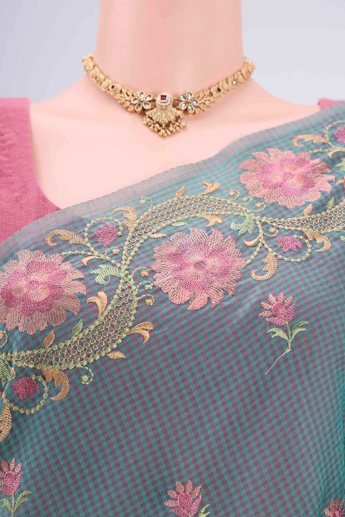 Border image of Sea Green Blended Kota Cotton Saree with Embroidery on the body and Embroidery Border. 