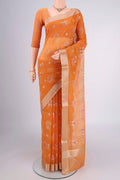Brick Orange Dual Tone Blended Kota Cotton Saree with Embroidery on the body and Zari Border.  displayed on a mannequin