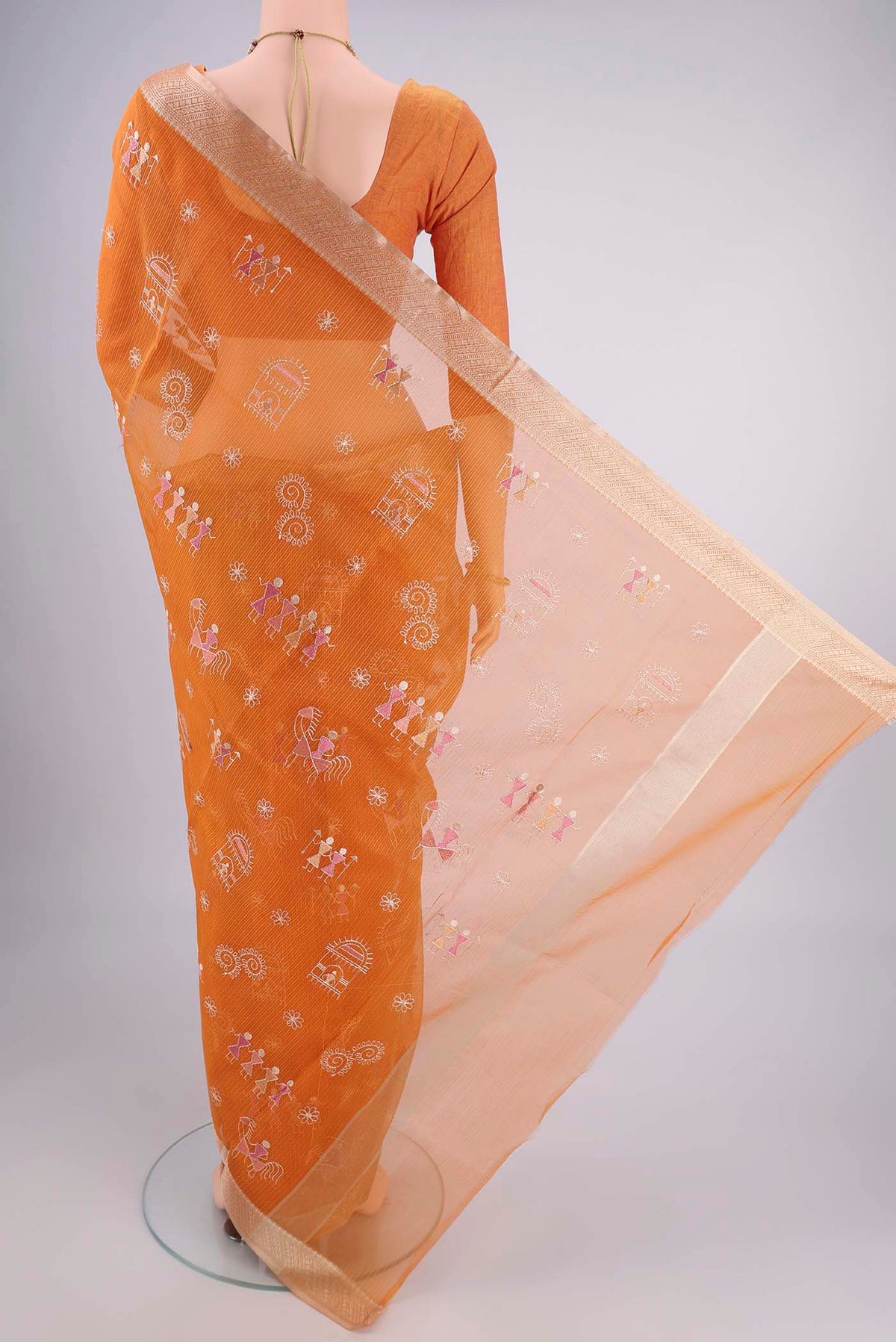 Flat view of Brick Orange Dual Tone Blended Kota Cotton Saree with Embroidery on the body and Zari Border. 