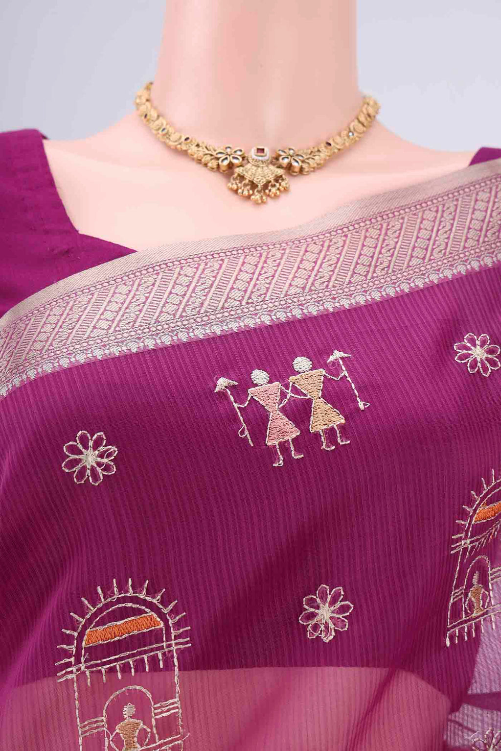 Border image of Magenta Blended Kota Cotton Saree with Embroidery on the body and Zari Border. 