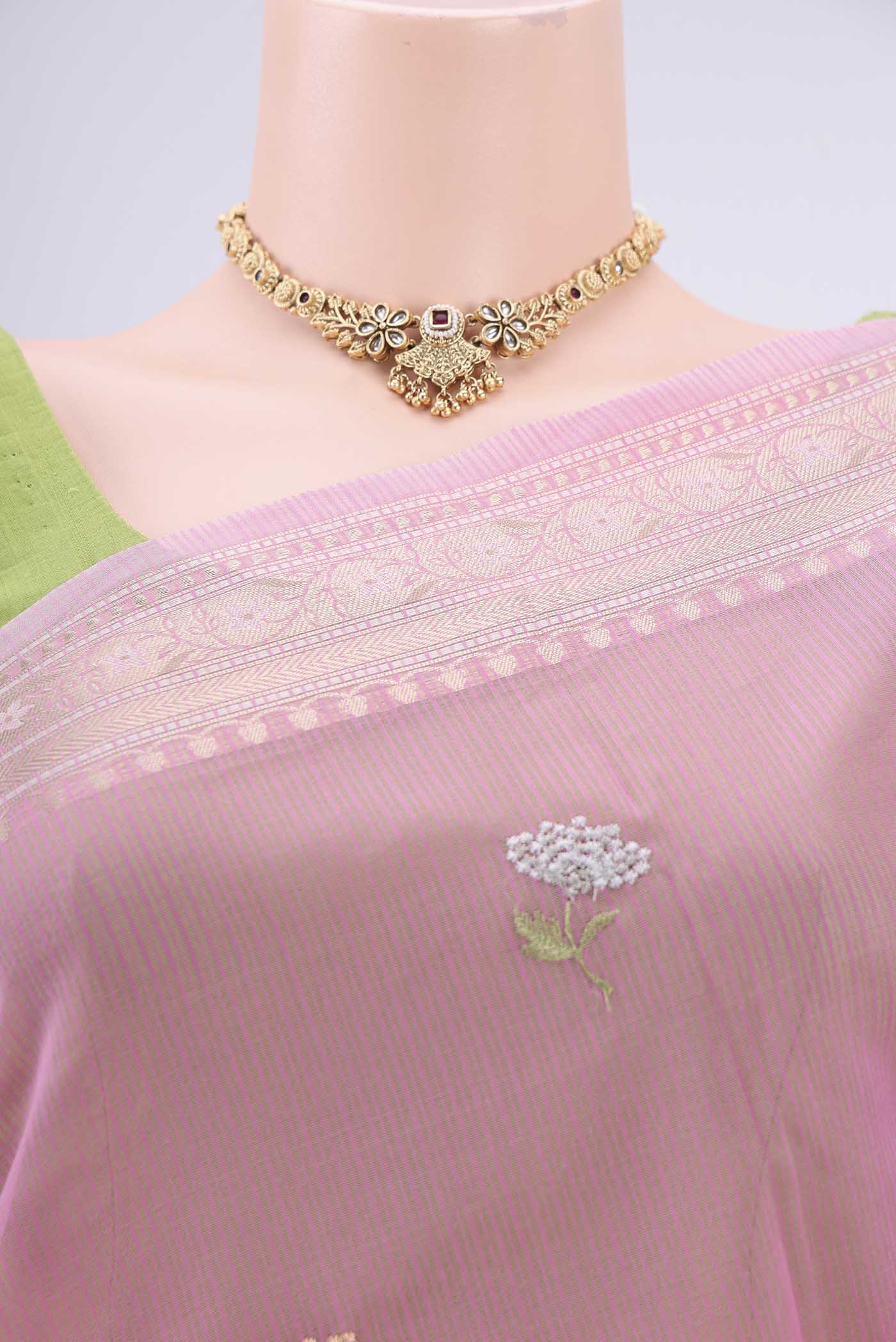 Border image of Rose pink Blended Kota Cotton Saree with Embroidery on the body and Zari Border. 
