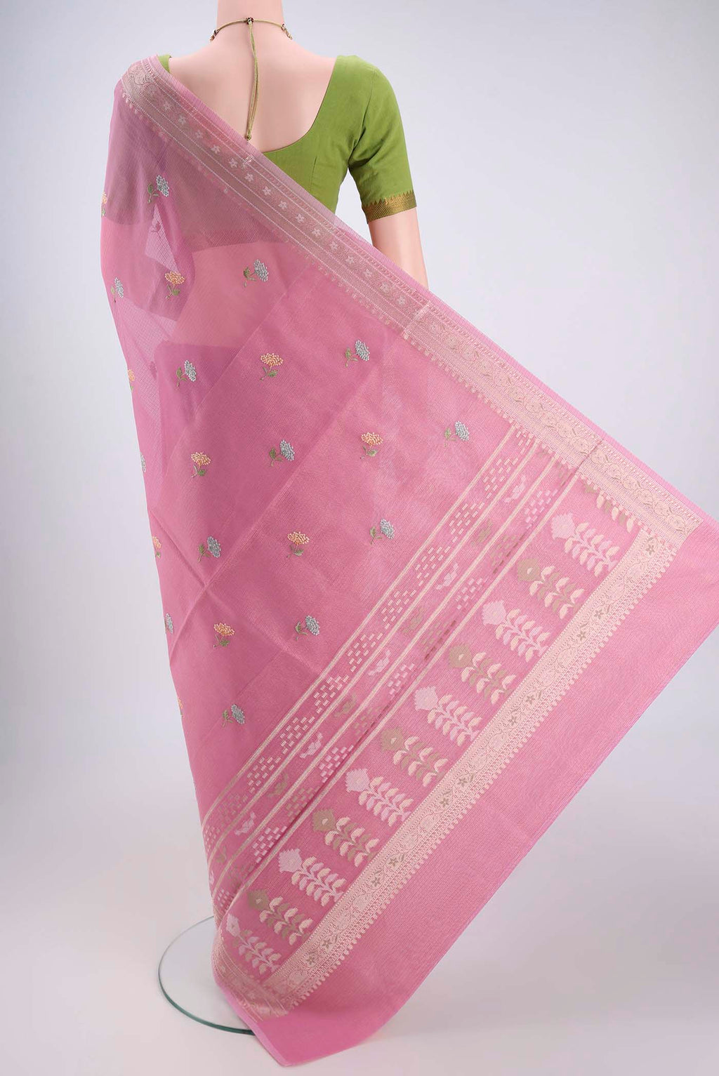 Flat view of Rose pink Blended Kota Cotton Saree with Embroidery on the body and Zari Border. 