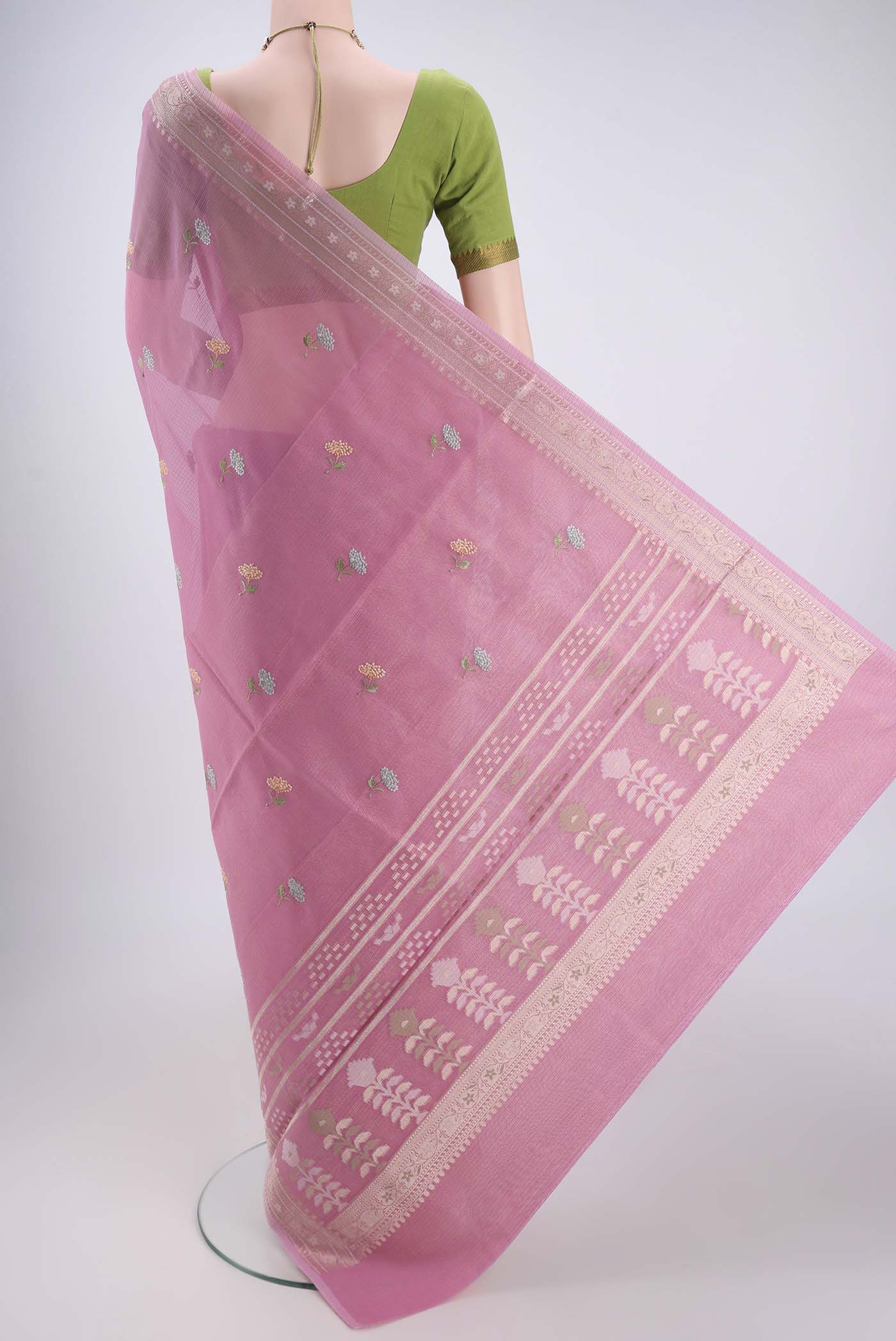 Flat view of Rose pink Blended Kota Cotton Saree with Embroidery on the body and Zari Border. 