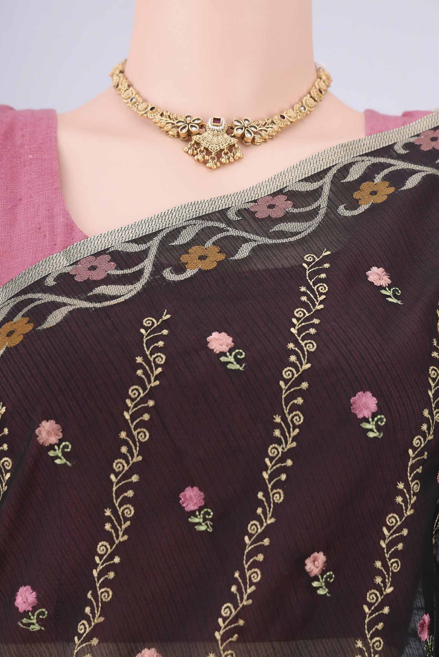 Border image of Black Blended Kota Cotton Saree with Embroidery on the body and Zari Border. 