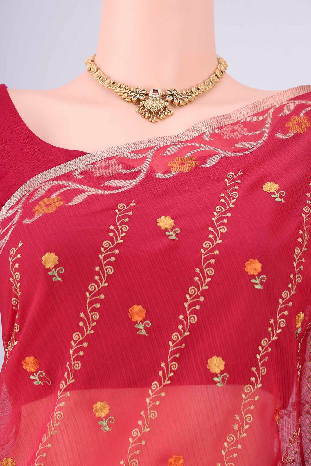 Border image of Red Blended Kota Cotton Saree with Embroidery on the body and Zari Border. 