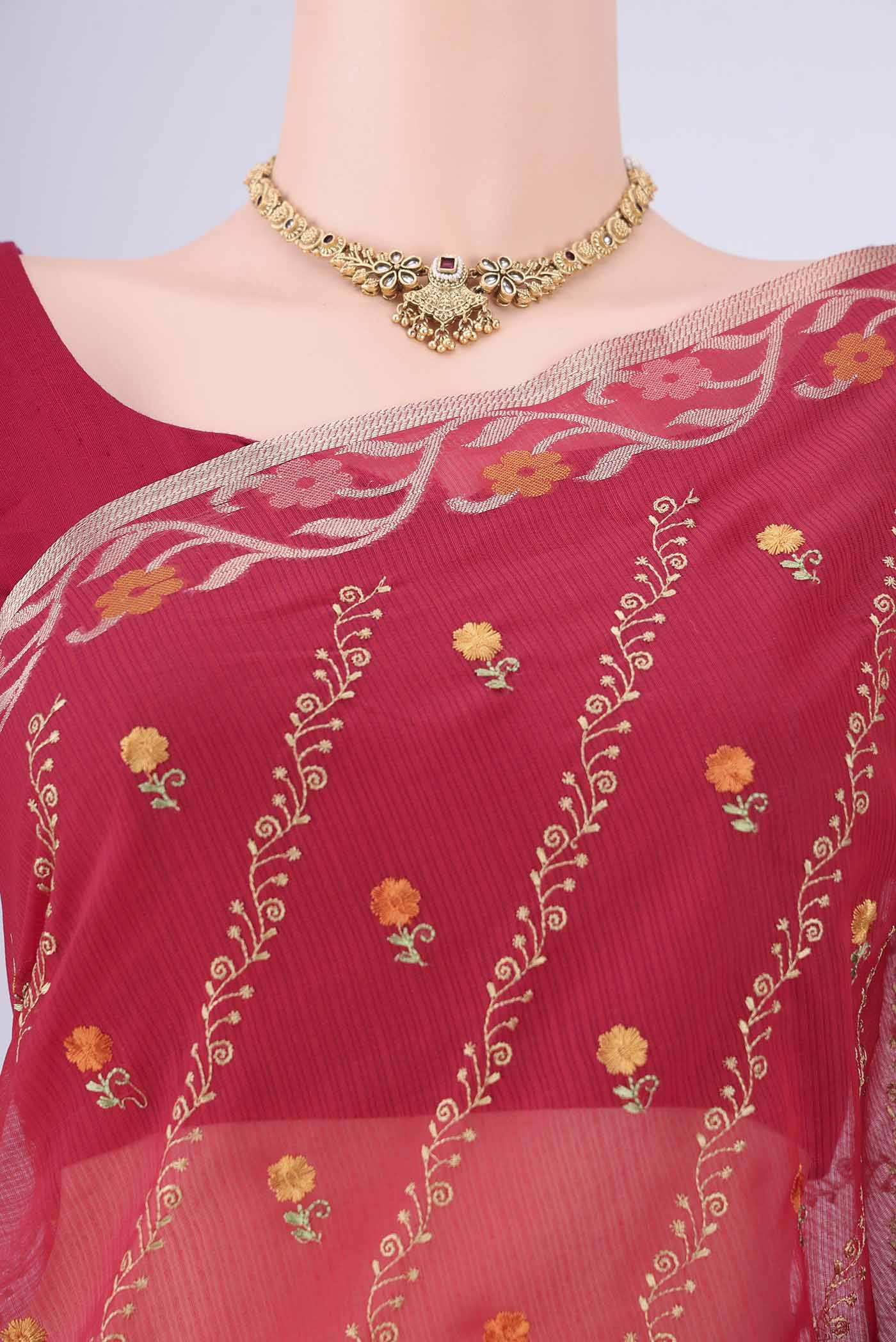 Border image of Red Blended Kota Cotton Saree with Embroidery on the body and Zari Border. 