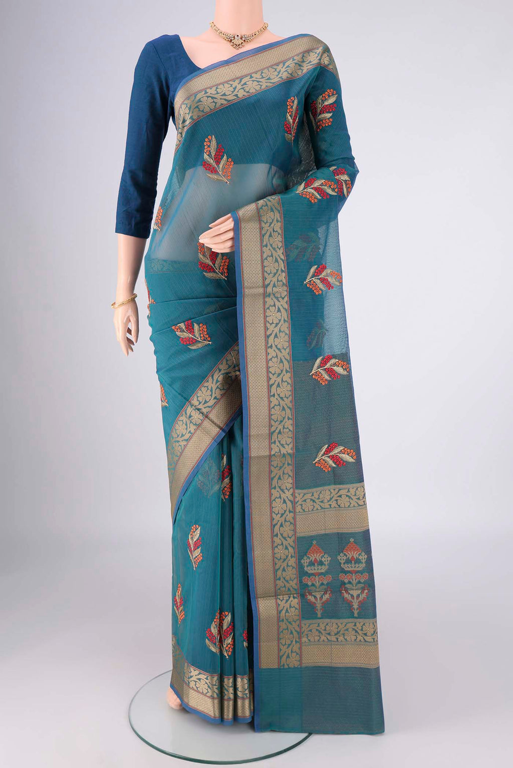 Green with Red Dual Tone Blended Kota Cotton Saree with Embroidery on the body and Thread Border.  displayed on a mannequin