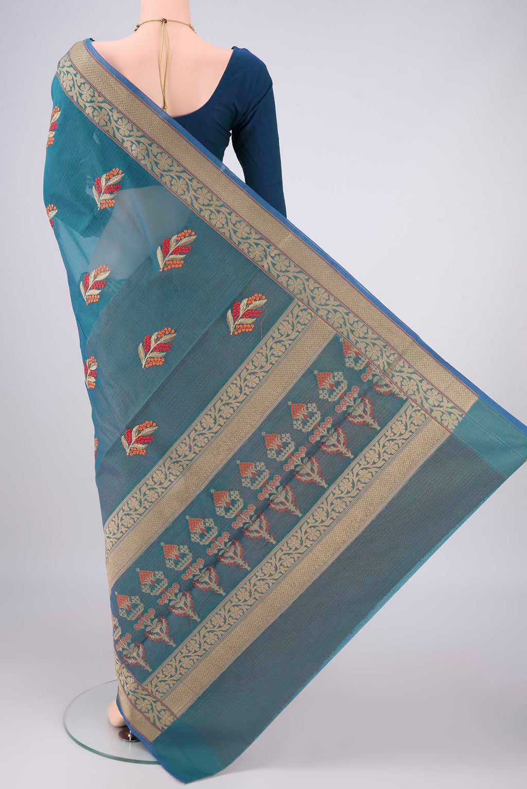 Flat view of Green with Red Dual Tone Blended Kota Cotton Saree with Embroidery on the body and Thread Border. 