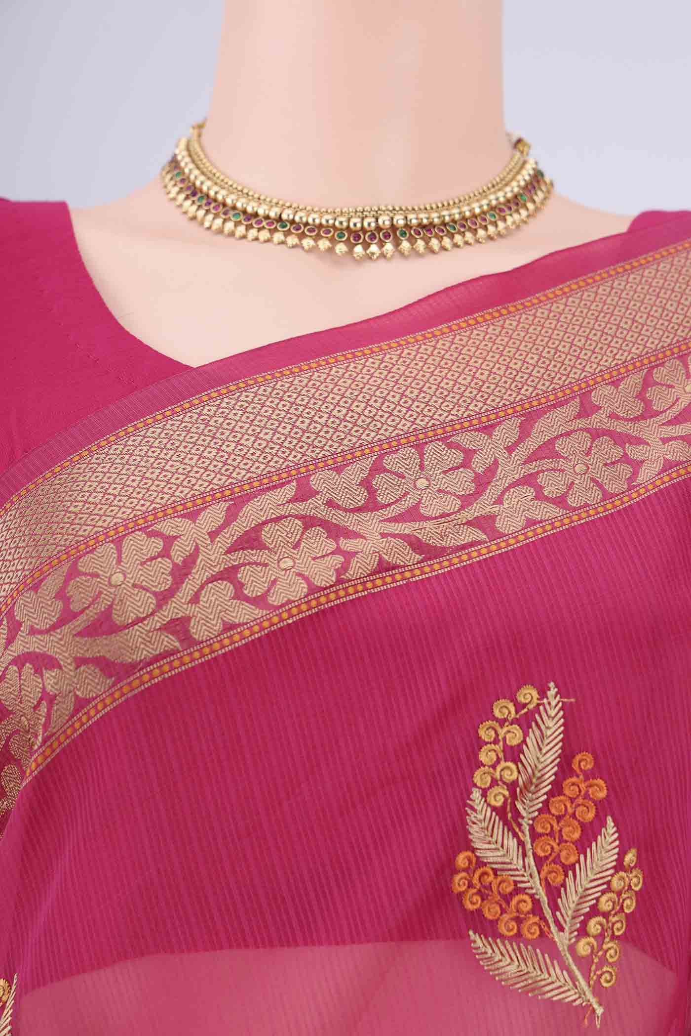 Border image of Rani Pink Blended Kota Cotton Saree with Embroidery on the body and Thread Border. 