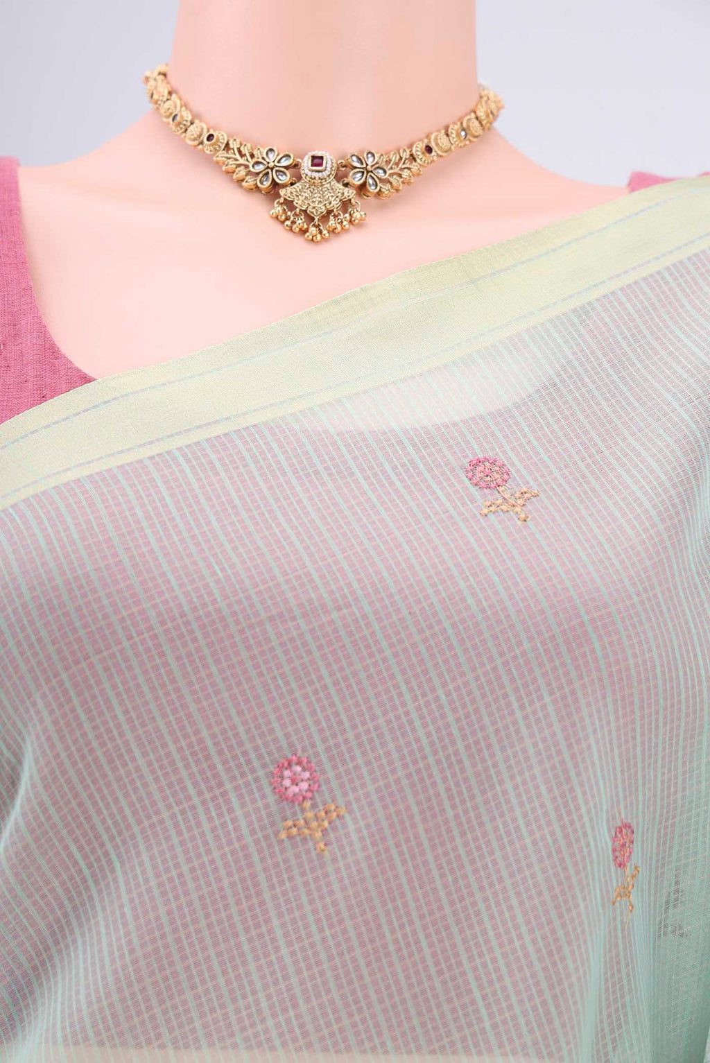 Border image of Mint Green Blended Kota Cotton Saree with Embroidery on the body and Zari Border. 