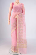 Rose pink Dual Tone Blended Kota Cotton Saree with Embroidery on the body and Zari Border.  displayed on a mannequin