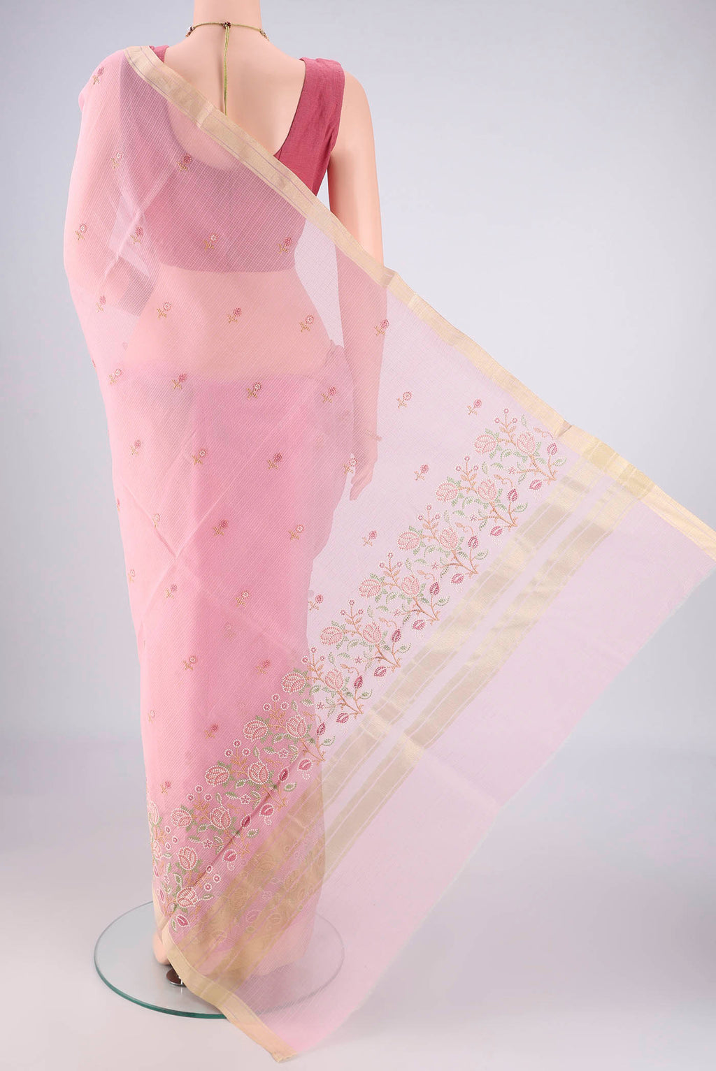 Flat view of Rose pink Dual Tone Blended Kota Cotton Saree with Embroidery on the body and Zari Border. 
