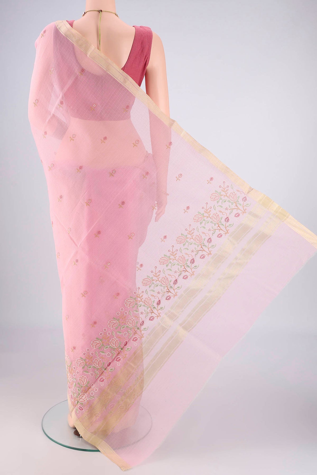 Flat view of Rose pink Dual Tone Blended Kota Cotton Saree with Embroidery on the body and Zari Border. 