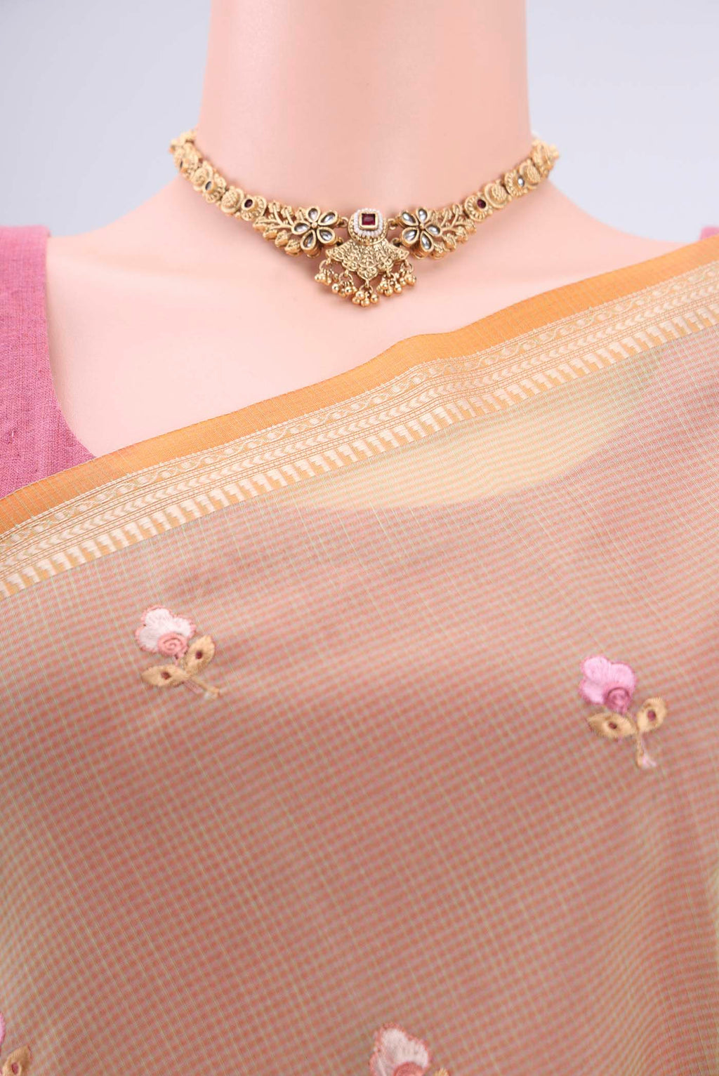 Border image of Light Green Blended Kota Cotton Saree with Embroidery on the body and Zari Border. 