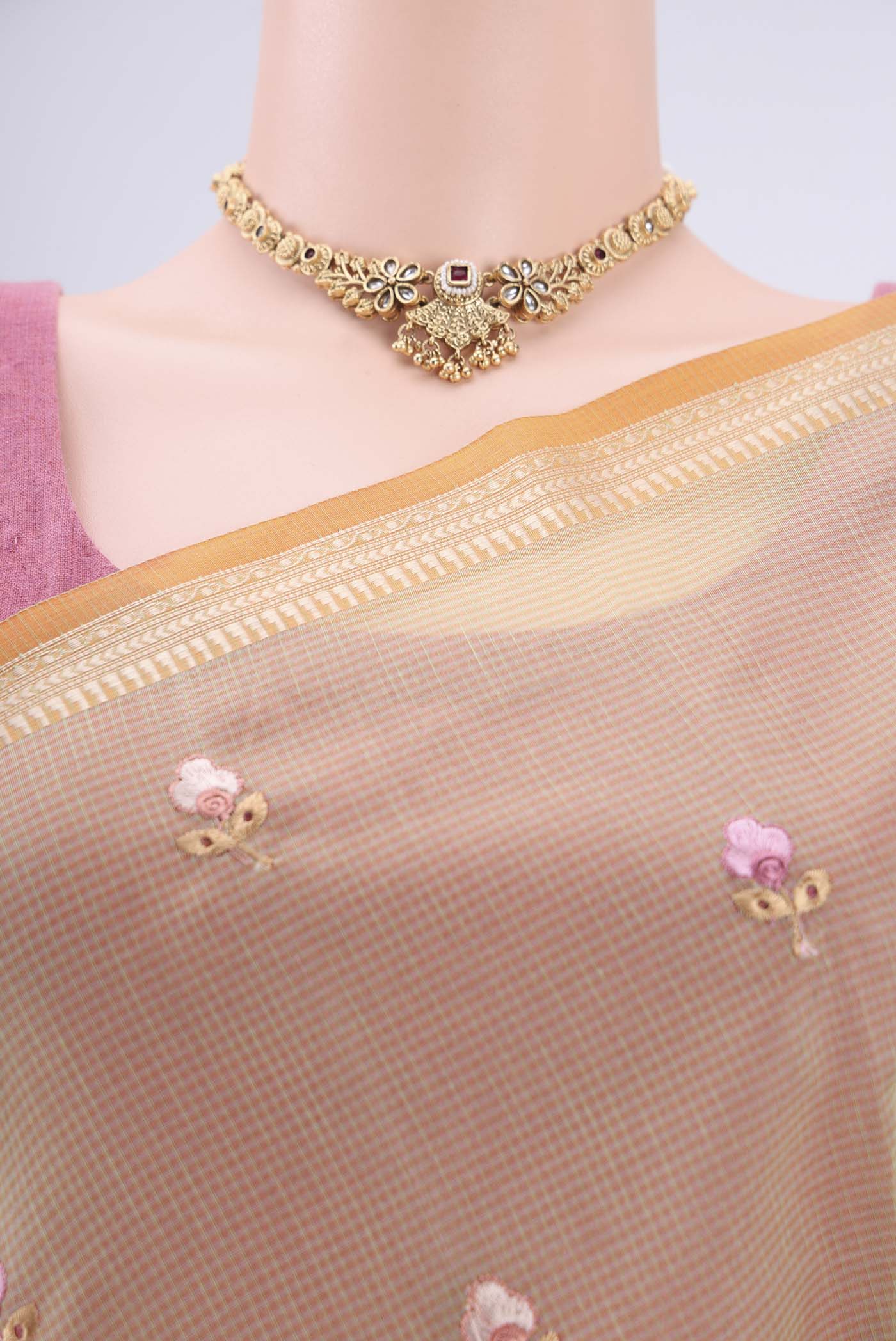 Border image of Light Green Blended Kota Cotton Saree with Embroidery on the body and Zari Border. 