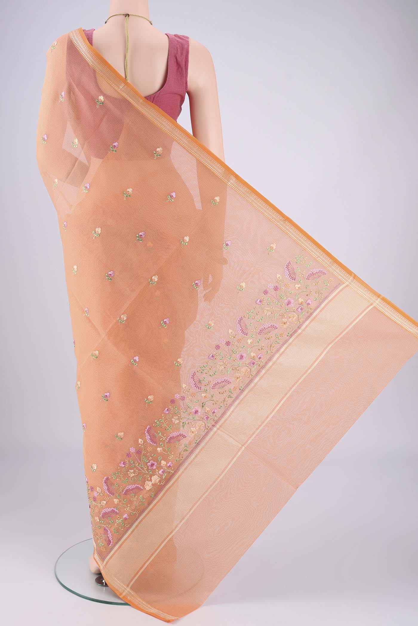 Flat view of Orange Blended Kota Cotton Saree with Embroidery on the body and Thread Border. 