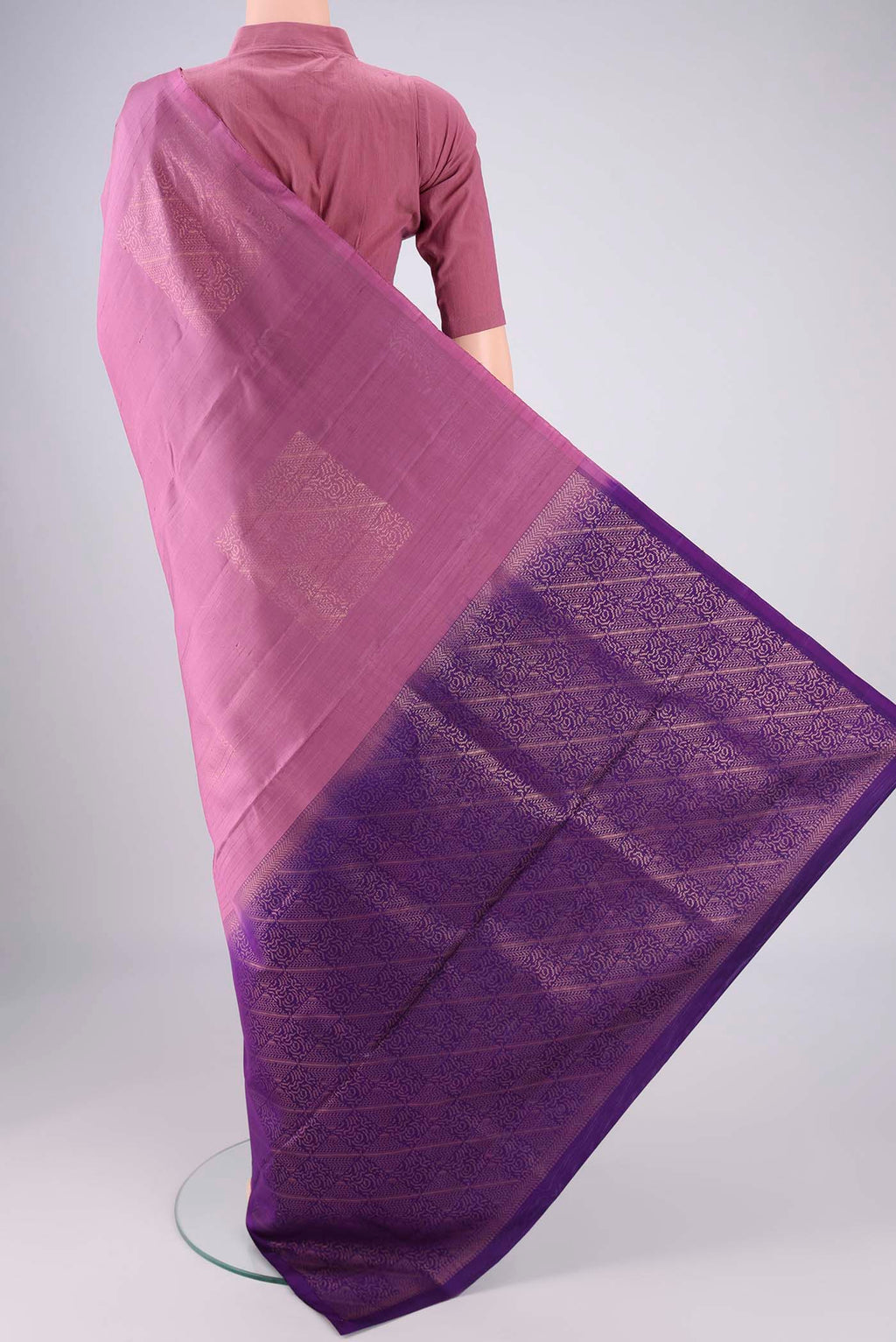 Flat view of Lavender Dual Tone Soft Silk Saree with Zari Brocade on the body and Without Border. 