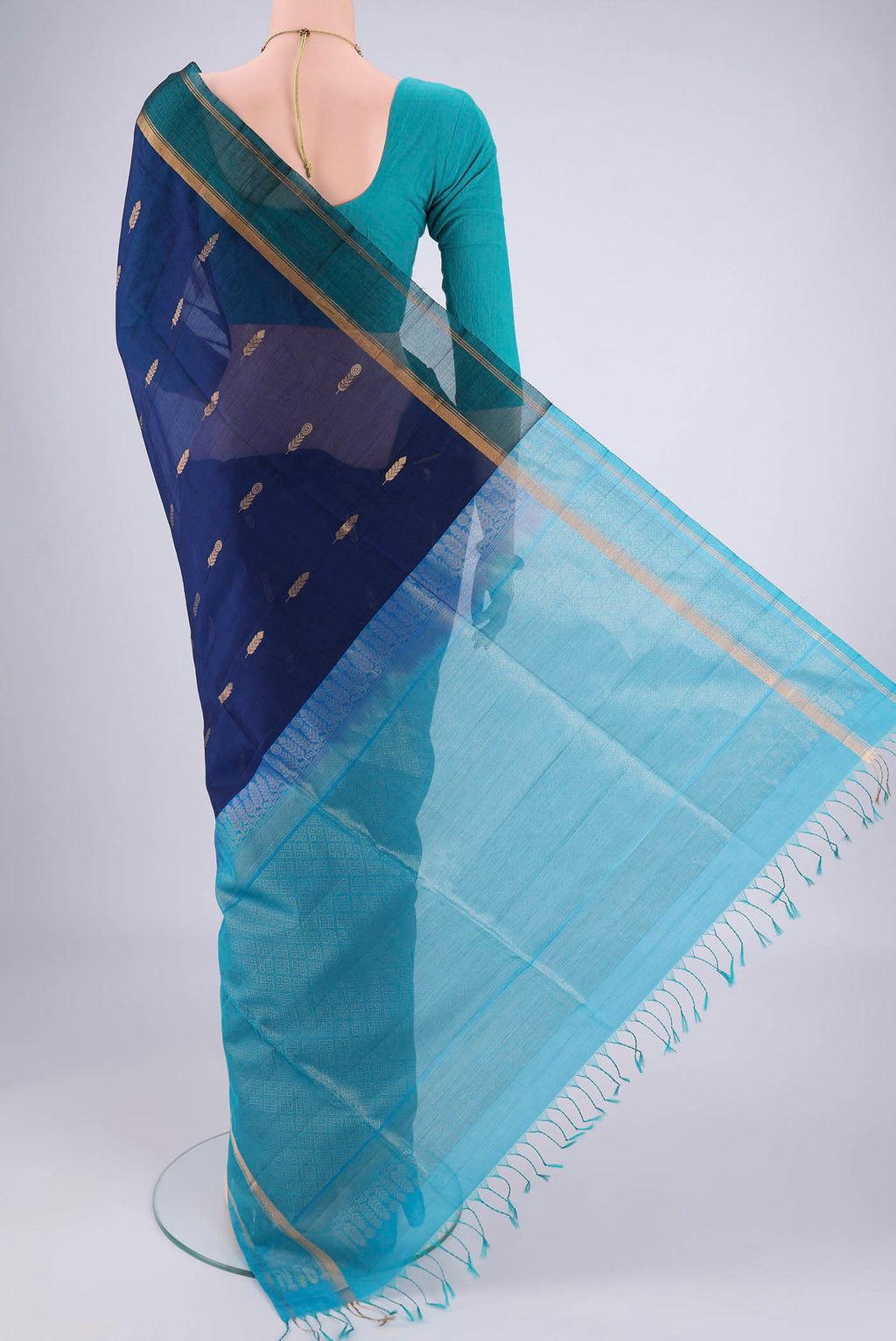Flat view of Royal Blue Silk Cotton Saree with Zari Brocade on the body and Zari Border. 