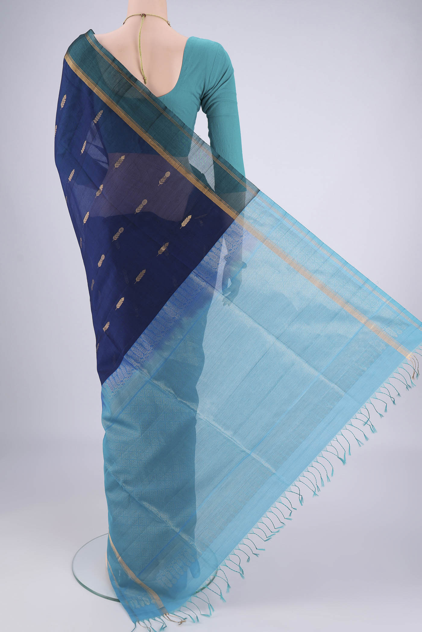 Flat view of Royal Blue Silk Cotton Saree with Zari Brocade on the body and Zari Border. 