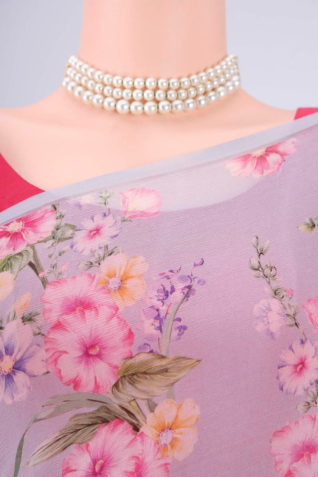 Border image of Sky Blue Mysore Chiffon Saree with Floral Print on the body and Without Border. 