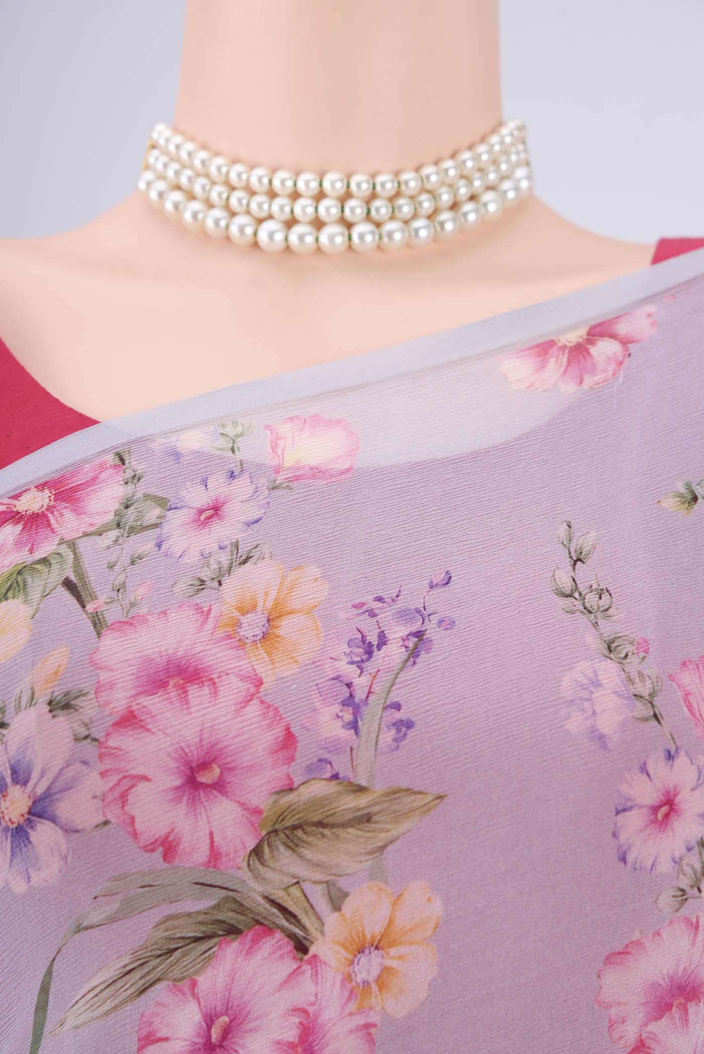 Border image of Sky Blue Mysore Chiffon Saree with Floral Print on the body and Without Border. 