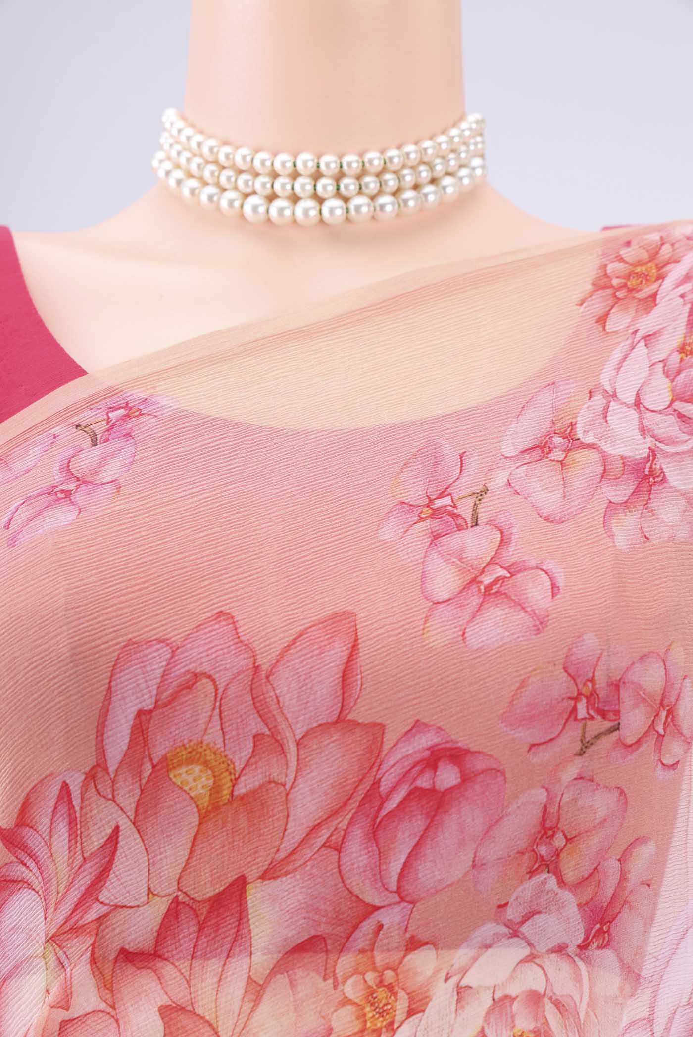 Border image of Peach Mysore Chiffon Saree with Floral Print on the body and Plain Border. 