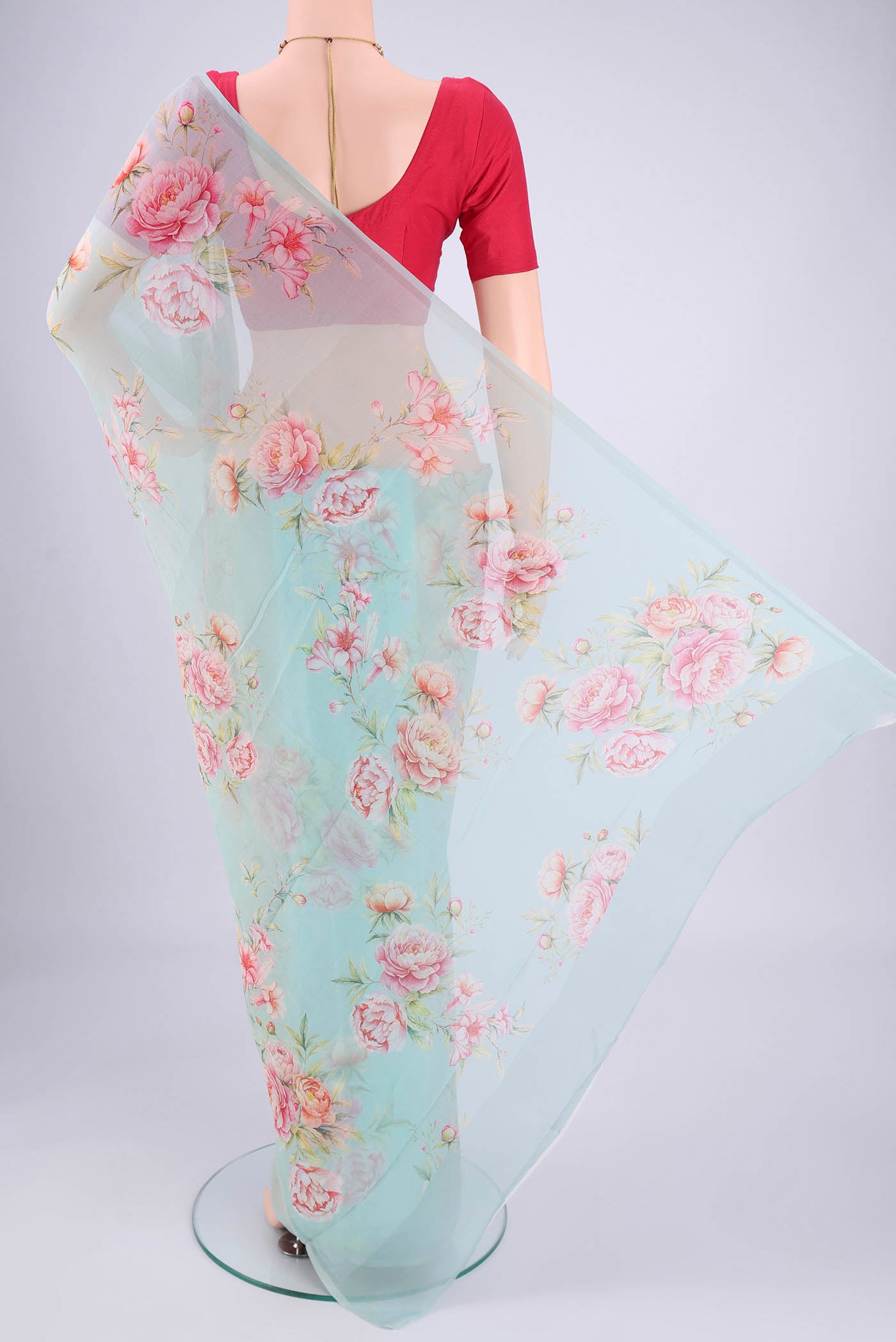 Flat view of Mint Green Mysore Chiffon Saree with Floral Print on the body and Without Border. 