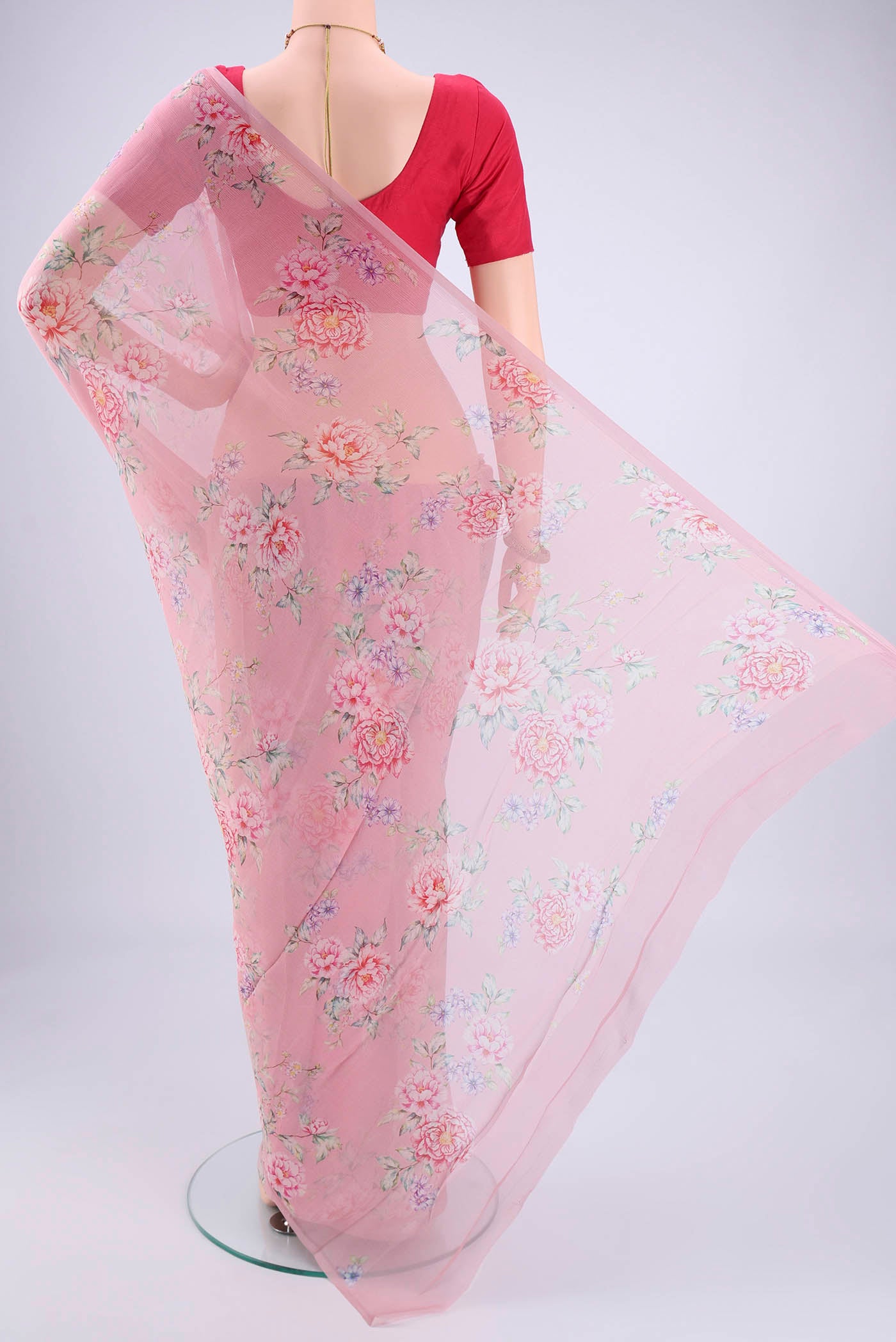 Flat view of Rose pink Mysore Chiffon Saree with Floral Print on the body and Plain Border. 