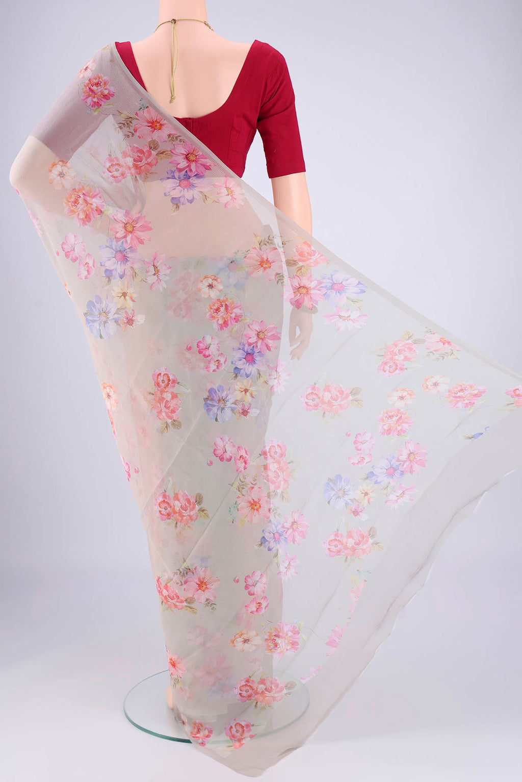 Flat view of Grey Mysore Chiffon Saree with Floral Print on the body and Plain Border. 
