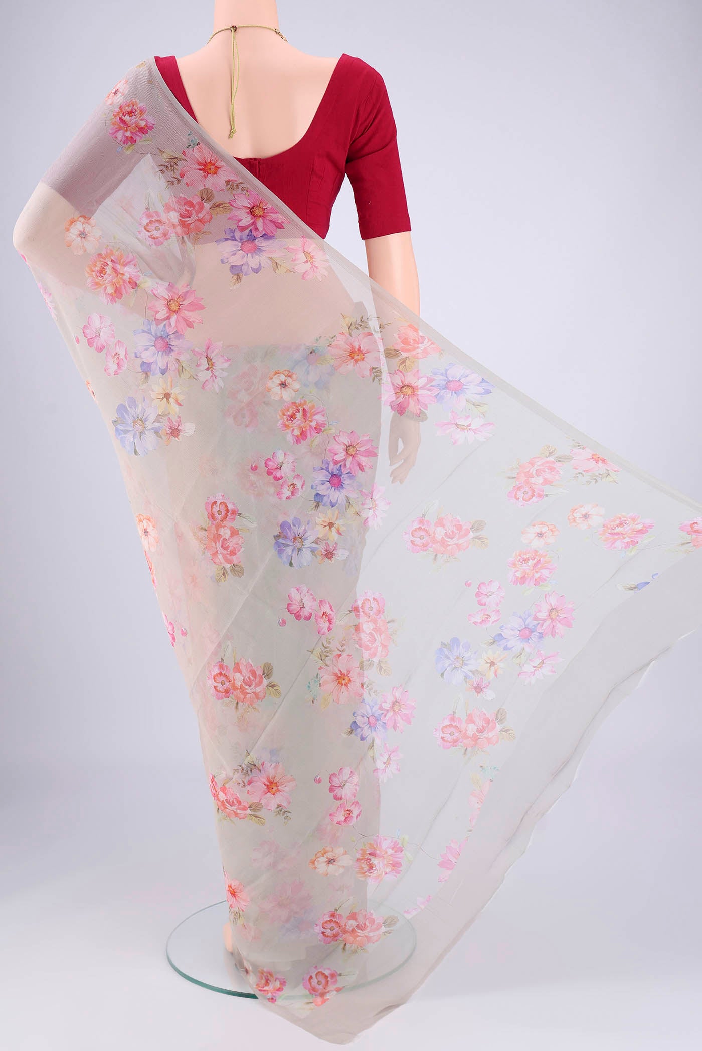 Flat view of Grey Mysore Chiffon Saree with Floral Print on the body and Plain Border. 