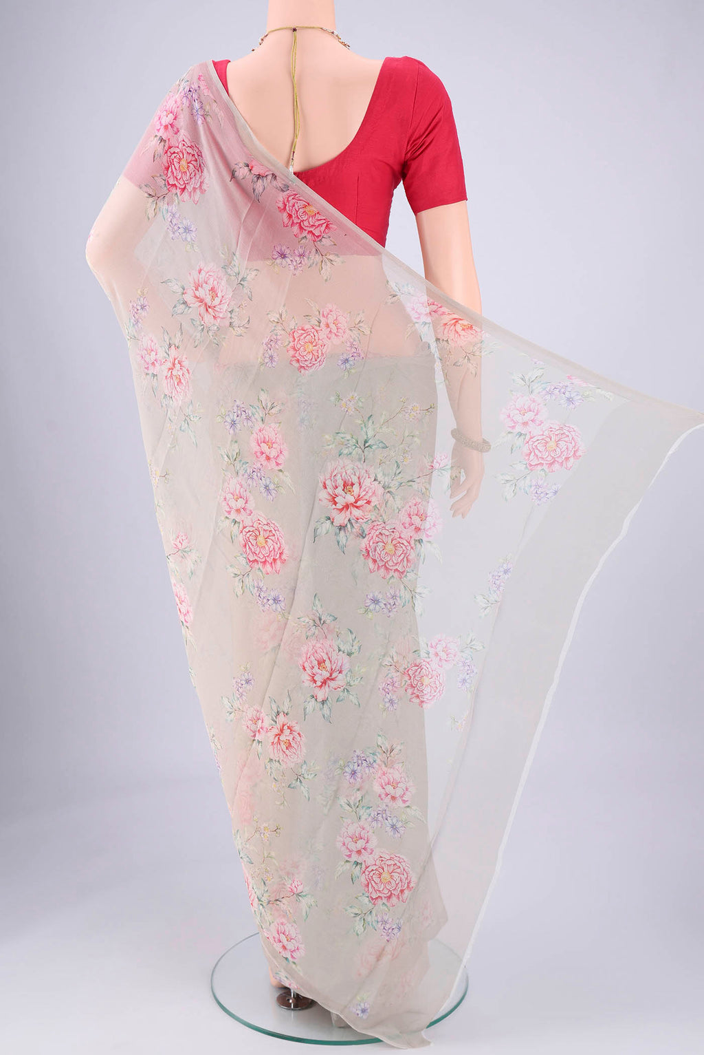 Flat view of Sage Green Mysore Chiffon Saree with Floral Print on the body and Without Border. 