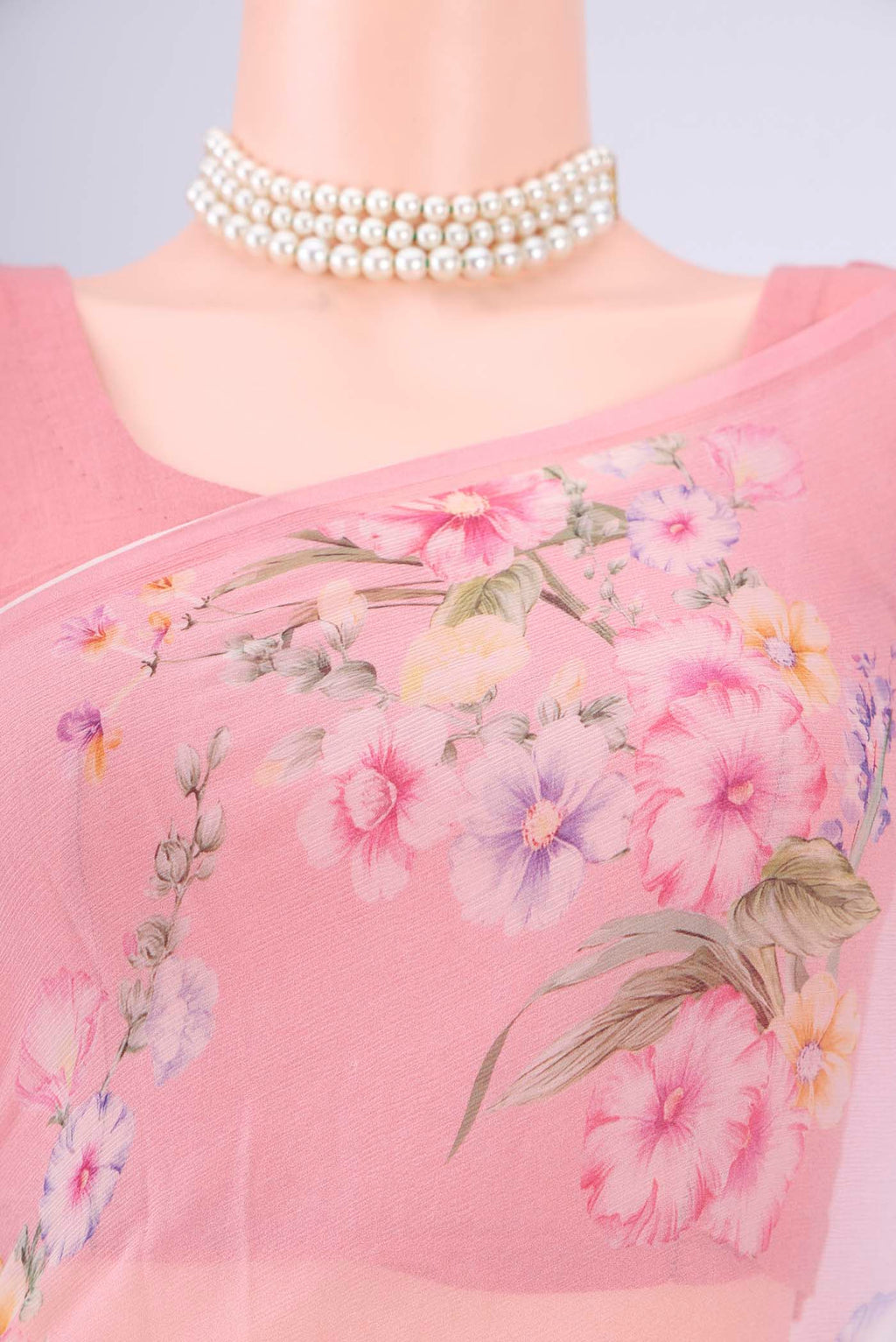 Border image of Rose pink Mysore Chiffon Saree with Floral Print on the body and Printed Border. 