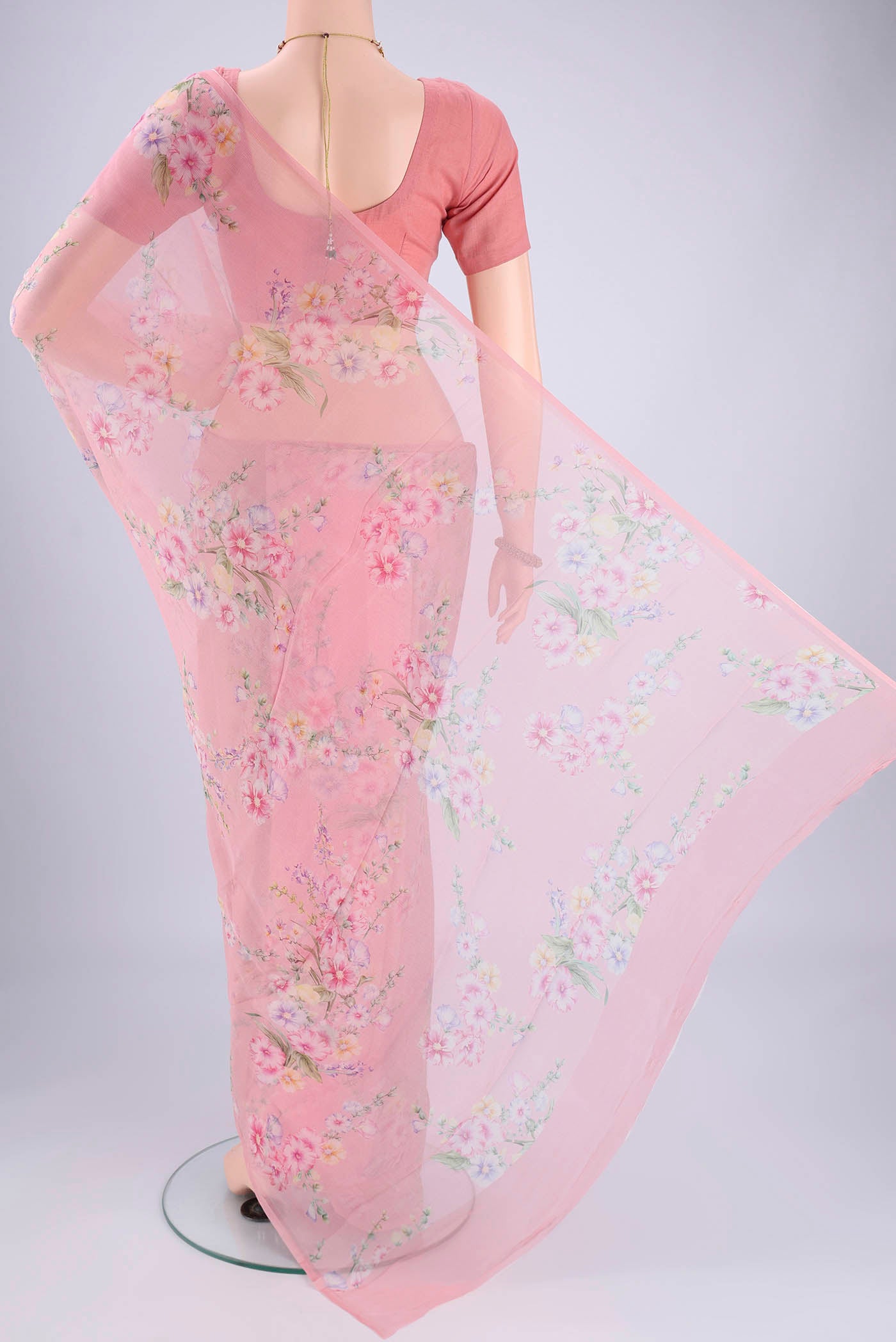 Flat view of Rose pink Mysore Chiffon Saree with Floral Print on the body and Printed Border. 