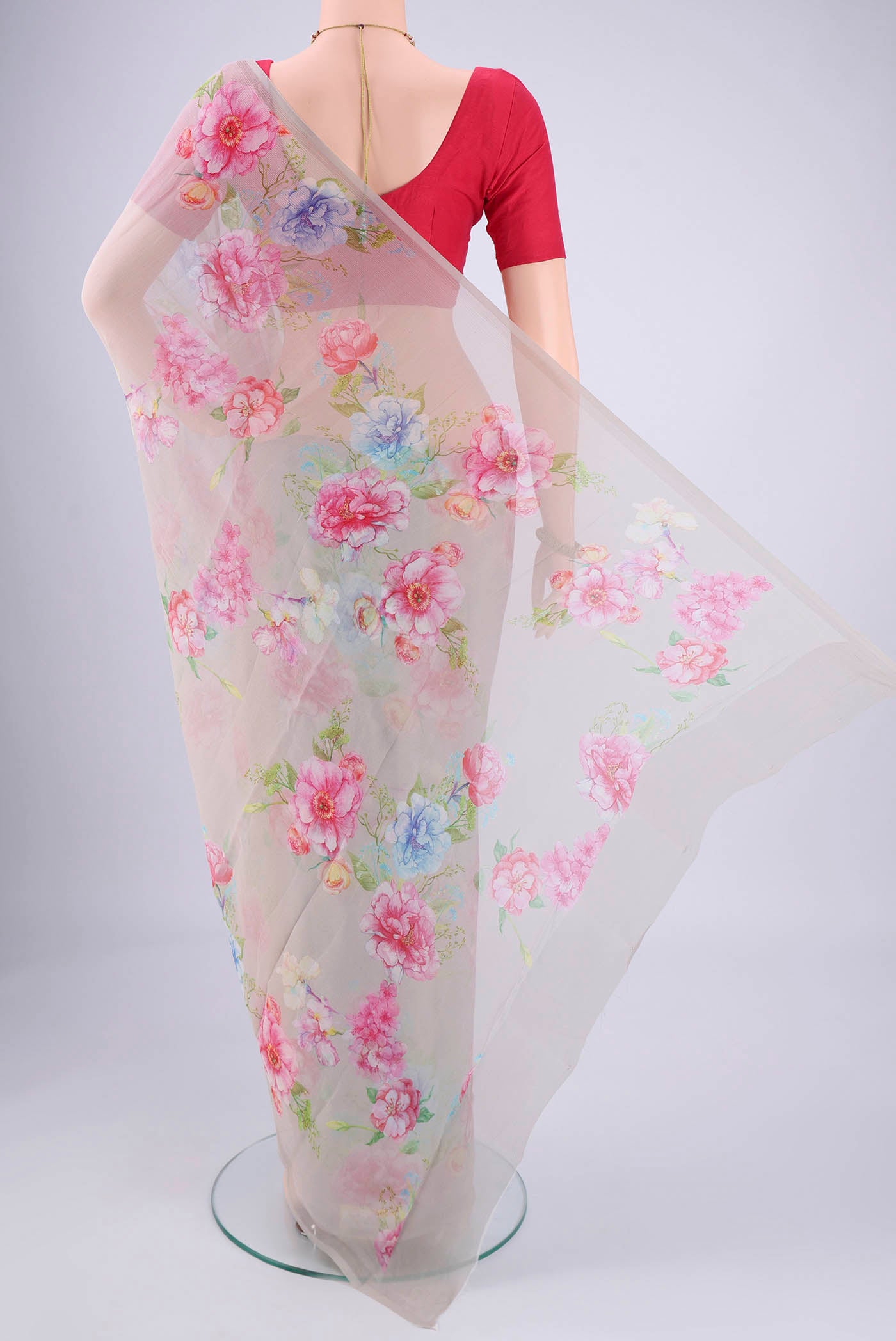 Flat view of Grey Mysore Chiffon Saree with Floral Print on the body and Without Border. 