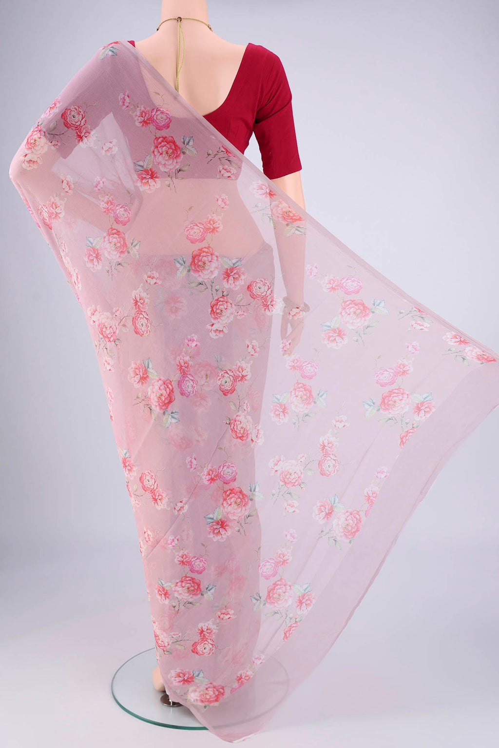 Flat view of Mauve Mysore Chiffon Saree with Floral Print on the body and Plain Border. 