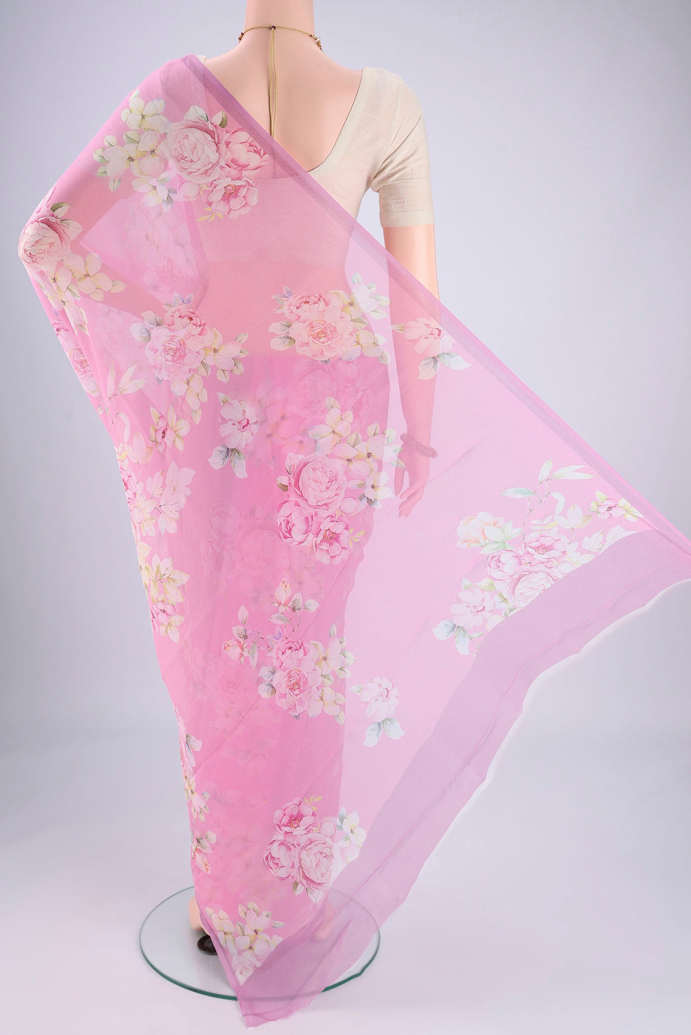 Flat view of Rose pink Mysore Chiffon Saree with Floral Print on the body and Without Border. 