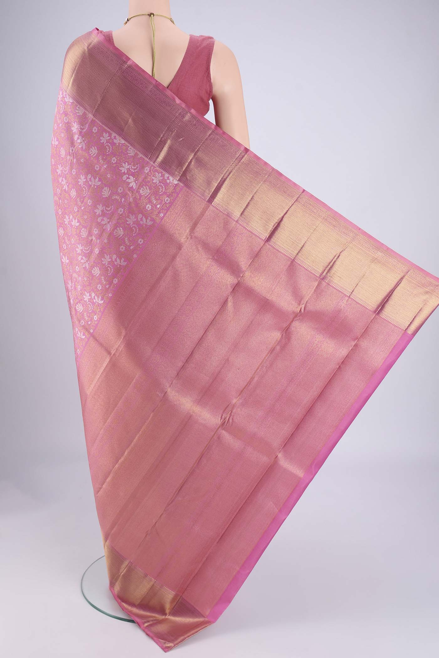 Flat view of Pink Dual Tone Kanjivaram Silk Saree with Zari Brocade on the body and Zari Border. 