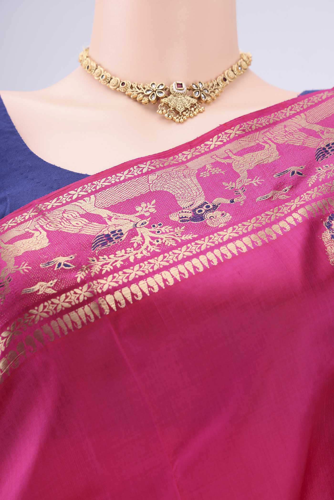 Border image of Rani Pink Baluchari Silk Saree with Zari And Thread Butta on the body and Zari And Thread Border. 