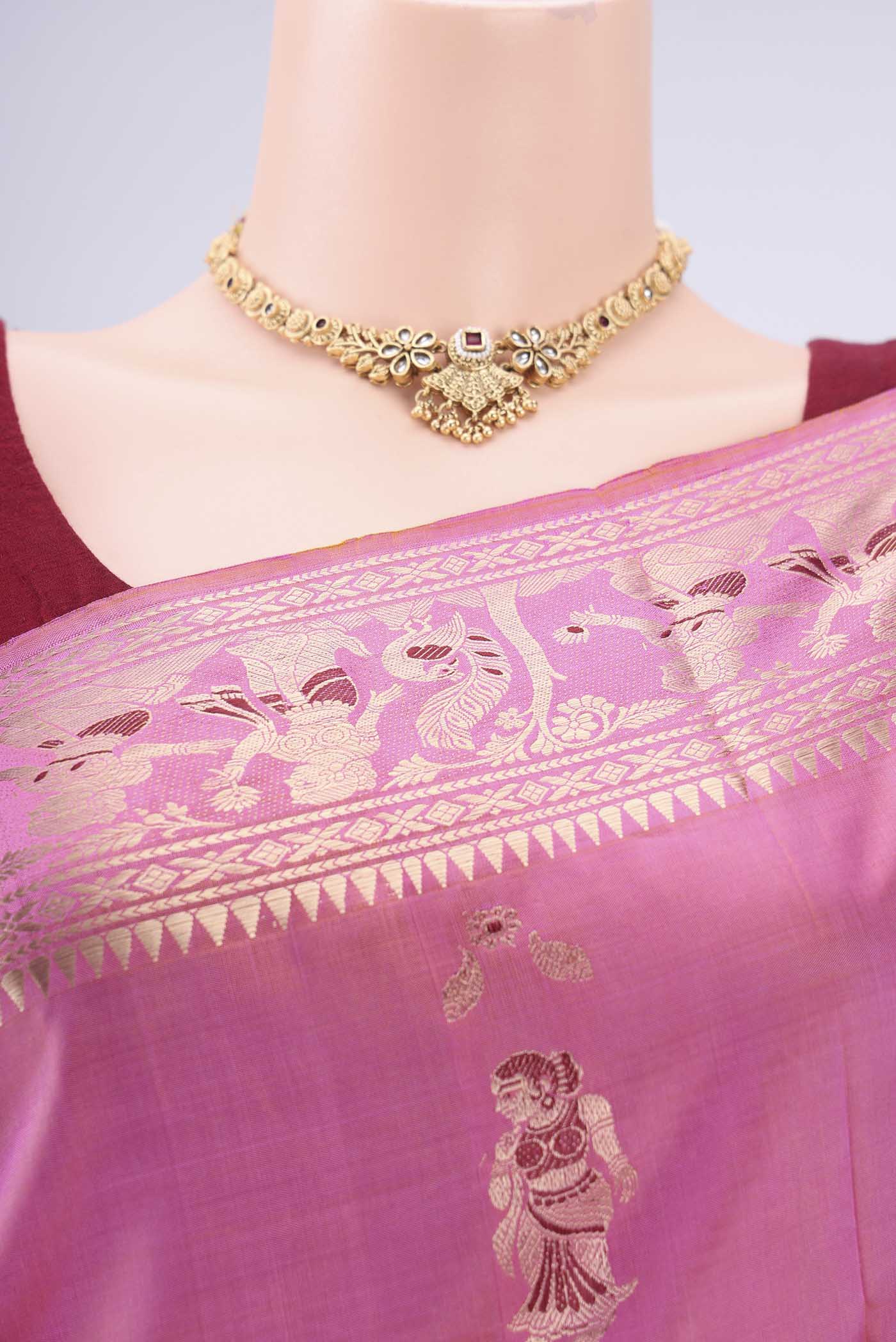 Border image of Pink Baluchari Silk Saree with Zari And Thread Butta on the body and Zari And Thread Border. 