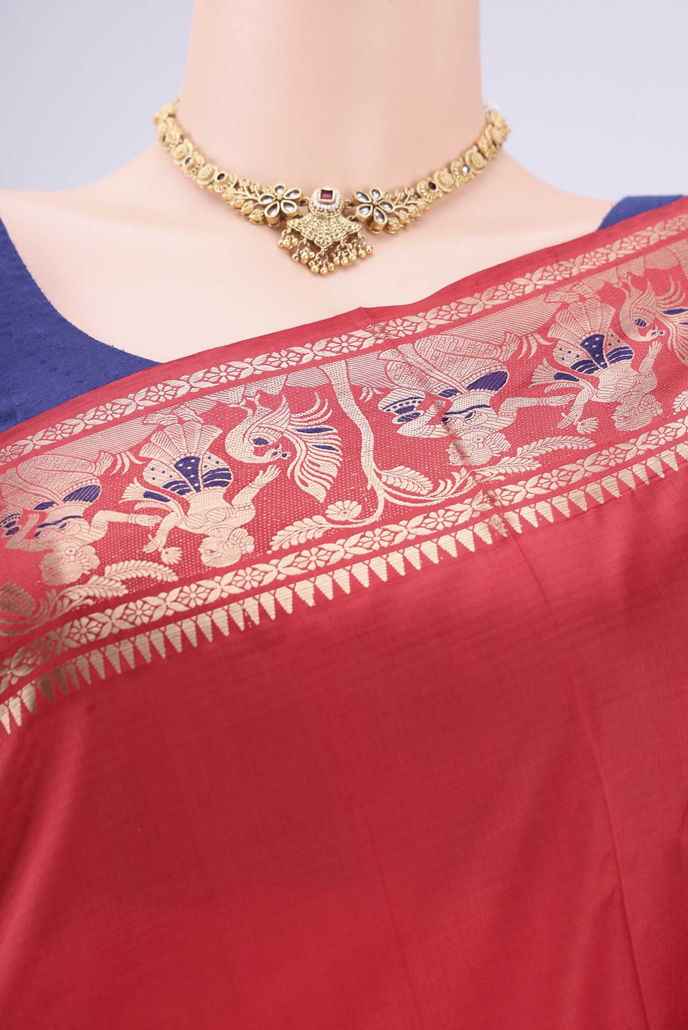 Border image of Red Baluchari Silk Saree with Zari And Thread Butta on the body and Zari And Thread Border. 
