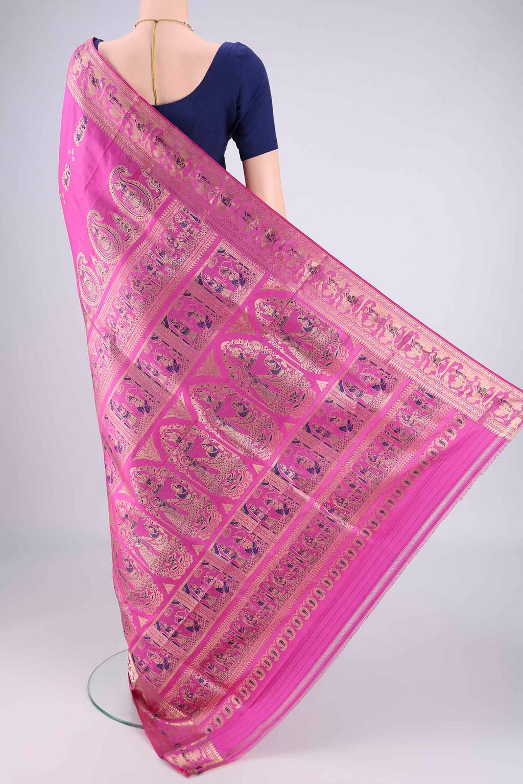 Flat view of Pink Baluchari Silk Saree with Zari And Thread Butta on the body and Zari And Thread Border. 