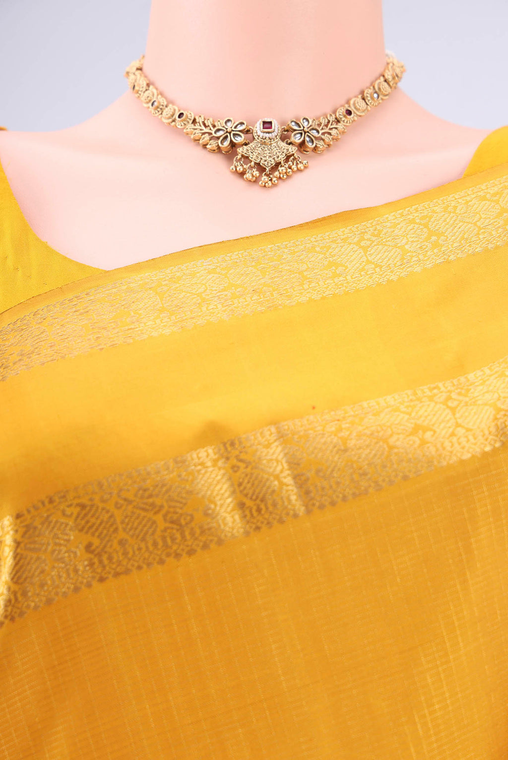 Border image of Mustard Coimbatore Silk Cotton Saree with Checked design on the body and Zari Border. 
