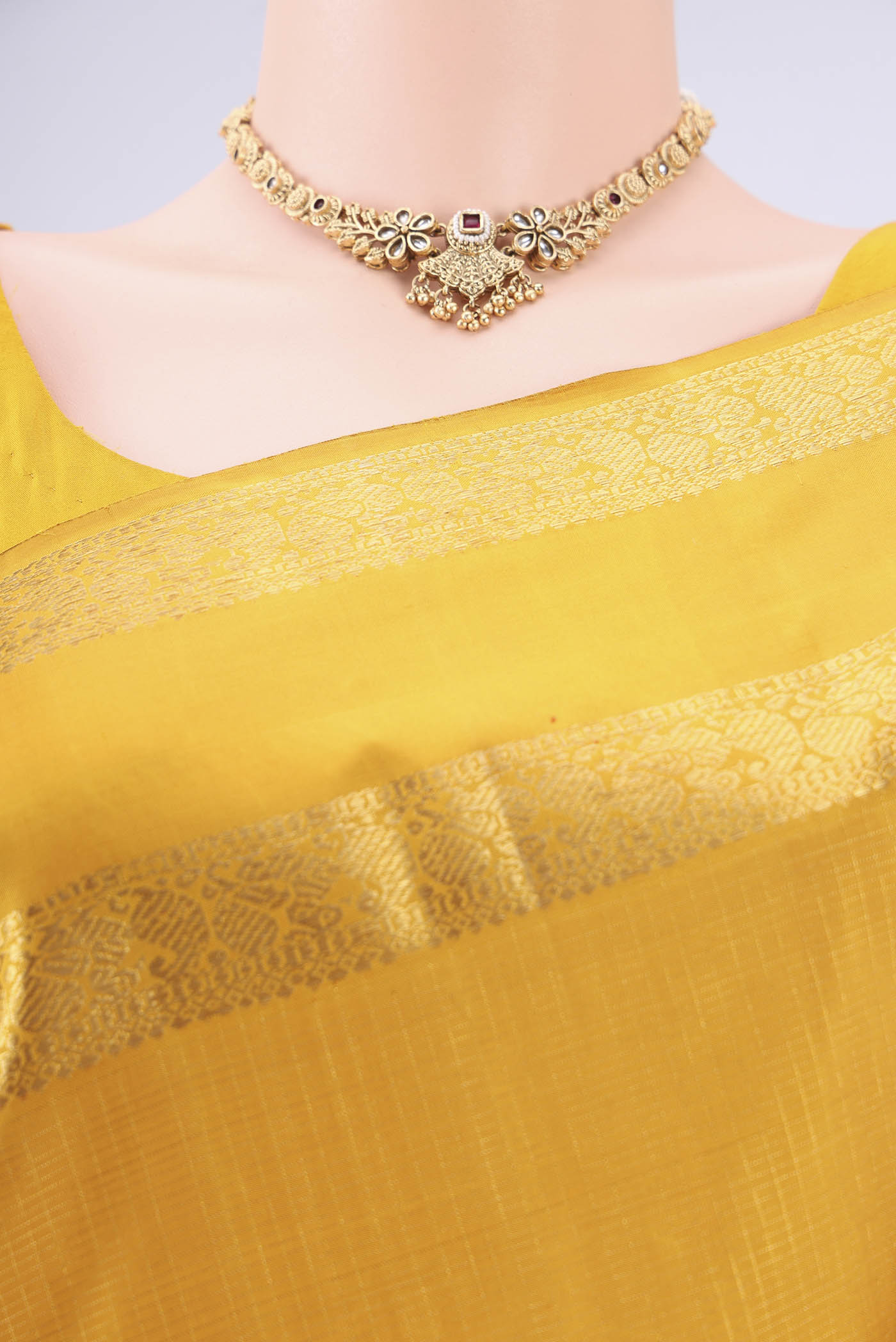 Border image of Mustard Coimbatore Silk Cotton Saree with Checked design on the body and Zari Border. 