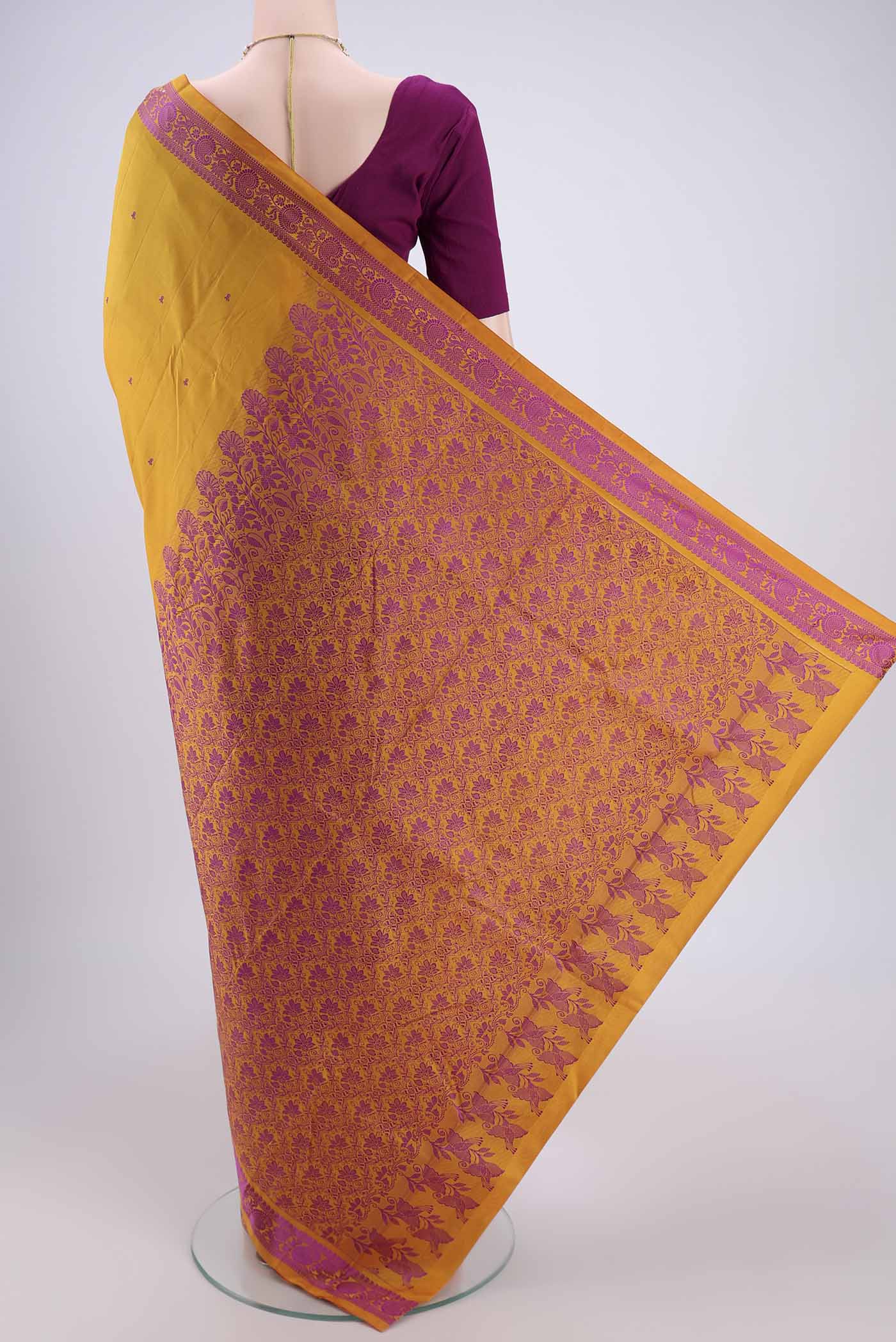 Flat view of Mustard Kanchipuram Silk Saree with Thread Butta on the body and Thread Border. 