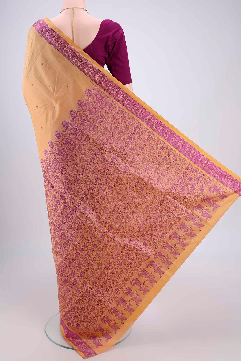 Flat view of Sandal Kanchipuram Silk Saree with Thread Butta on the body and Thread Border. 